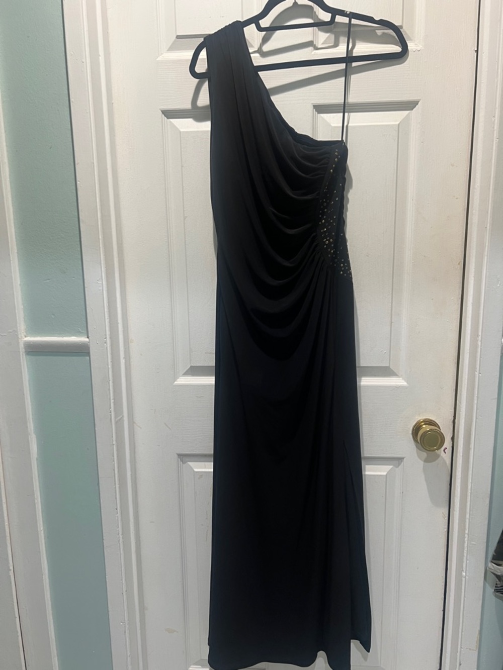 Nine West Black One-Shoulder Draped Evening Gown